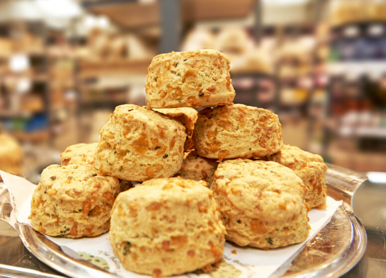 A pyramid of freshly baked cheese and chive scones